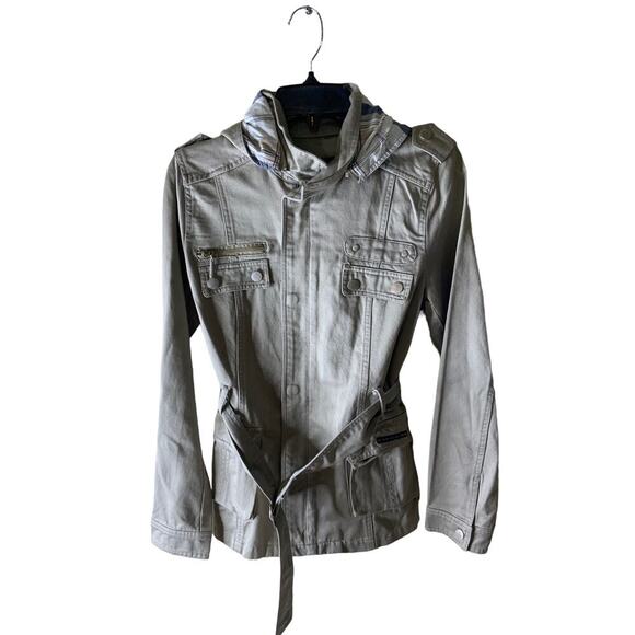 Chevognon Jacket Hoodie Womens Size Large Long Sleeves Pockets Snap Belted Khaki - Picture 1 of 9